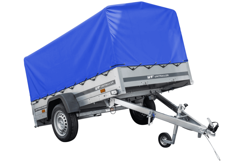 Rimorchio auto Garden Trailer 230 KIPP Unitrailer 750 kg, 230×125 cm, con ruotino di sostegno, telone alto blu e struttura alta