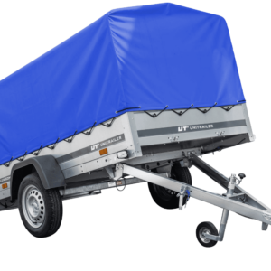 Rimorchio auto Garden Trailer 230 KIPP Unitrailer 750 kg, 230×125 cm, con ruotino di sostegno, telone alto blu e struttura alta