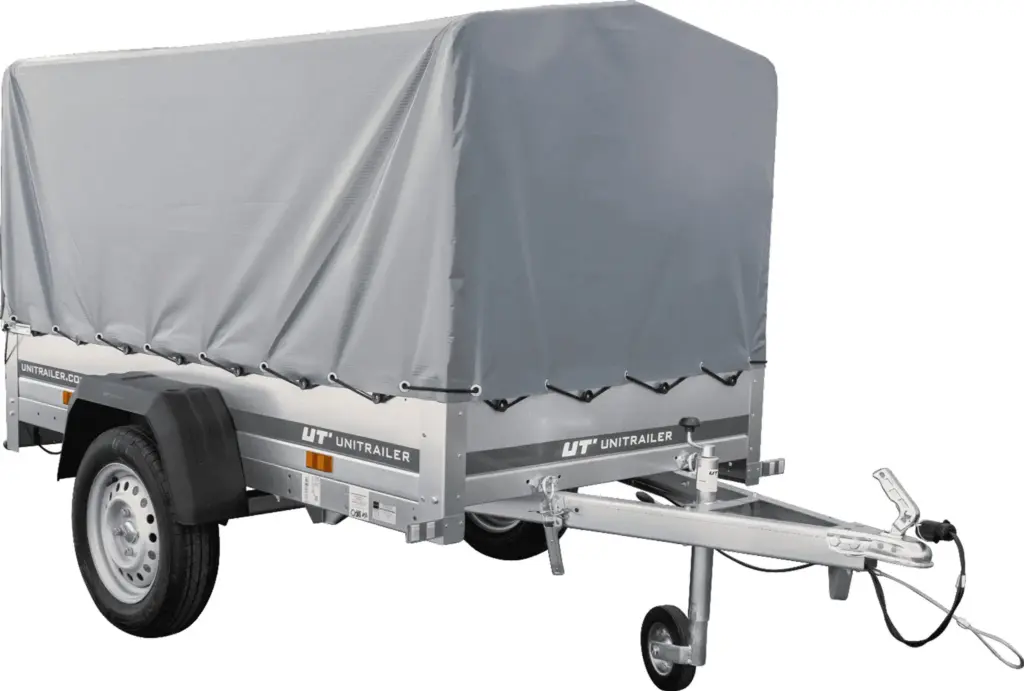 Rimorchio auto a pianale ribassato Garden Trailer 200 KIPP 200×106 cm 750 kg [con struttura alta, telone alto e ruotino di sostegno]